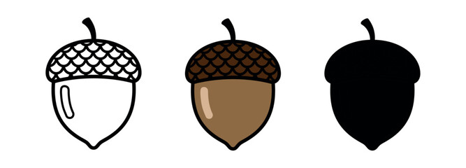 Three-part acorn icon set featuring dark brown scalloped cap detail, provided in line art, flat color, and solid silhouette.
