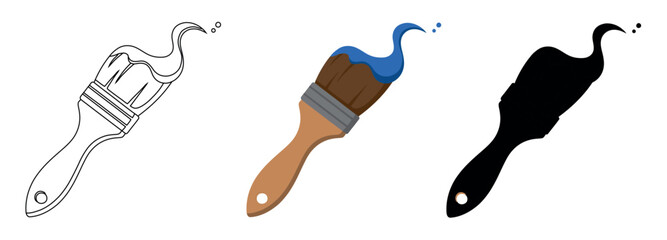 Angled flat paintbrush set featuring blue paint. Presented in three styles: thin line art, flat color, and solid black silhouette on white.