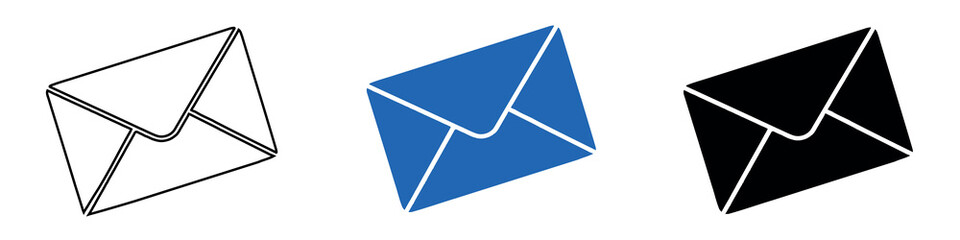 Three tilted mail envelope icons shown in outline, solid blue, and solid black styles. Professional design for contact and communication themes.