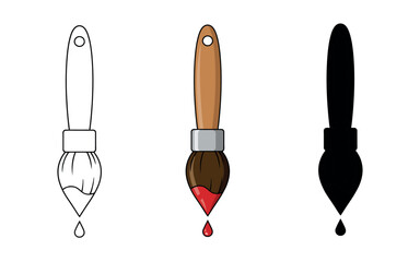 Artistic round paintbrush icon with a drop of red paint. Includes a line art version, a colored version with a wooden handle, and a silhouette.