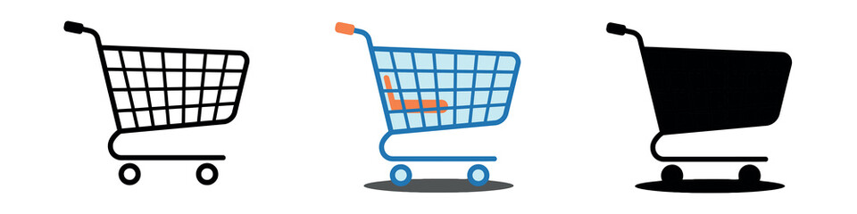 Set of three shopping carts: black outline, blue and orange color scheme with shadow, and a solid black version. Ideal for retail and web apps.