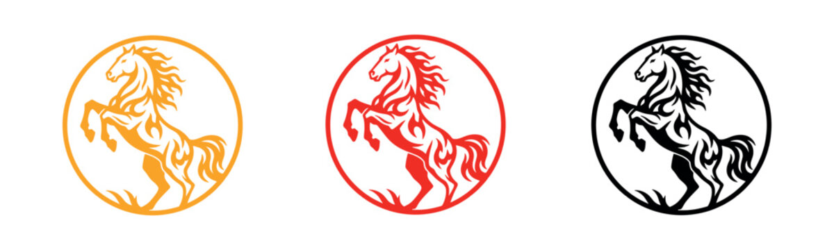 Set of three rearing horse logos in circular frames, presented in gold, red, and black with a decorative flaming mane and tail style.