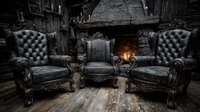 Three ornate, dark upholstered antique armchairs sit before a rustic, dimly lit stone fireplace.
