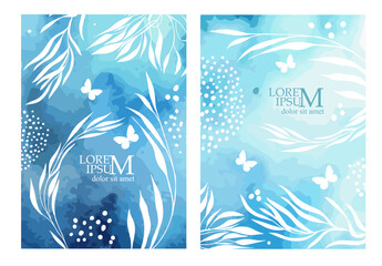 Delicate blue watercolor background with flowers and butterflies . hand drawn. Not AI, Vector illustration