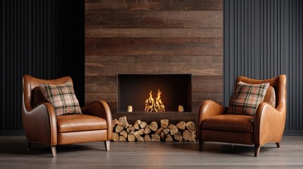 Fototapeta premium Two comfortable leather armchairs flank a modern fireplace built into a rustic wooden wall