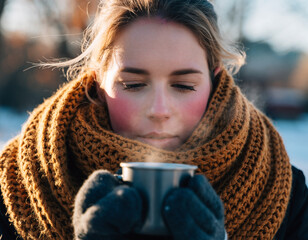 young woman with cup of hot tea