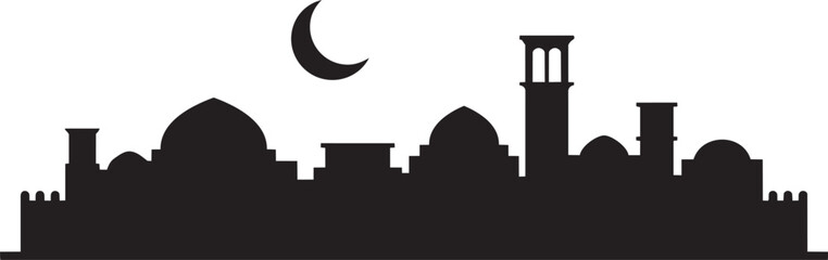 Ancient middle eastern city skyline silhouette under crescent moon with mosque domes and tower © MDSHOFIQUL
