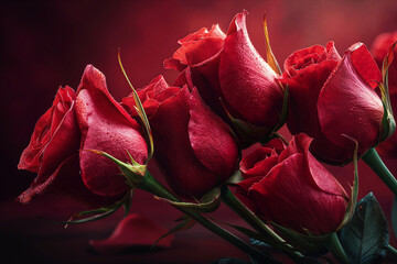 Close-Up of Deep Red Roses with Water Droplets and Dramatic Cinematic Lighting created with Generative AI Technology, ai, generative