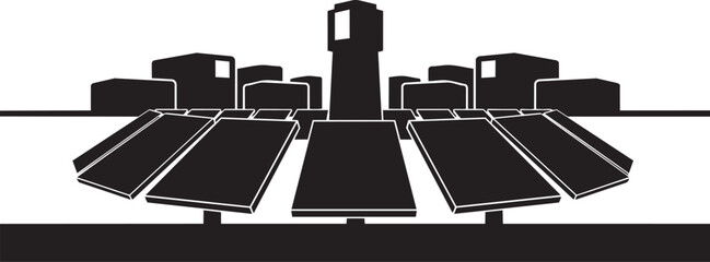 City center with plaza and tower silhouette