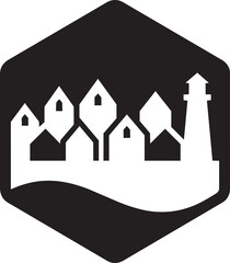 Coastal village landscape silhouette with gabled houses and lighthouse in hexagonal frame icon