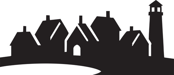 Coastal village silhouette with small houses and lighthouse for seaside town landscape designs