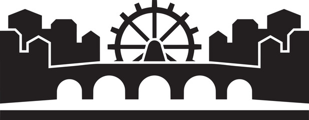 Fortress wall silhouette with central water wheel above arched viaduct structure