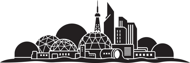 Futuristic city skyline with modern skyscrapers domes communication tower and industrial buildings