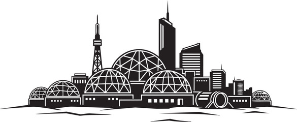 Futuristic cityscape with domes and towers stylized in black silhouette on a transparent background