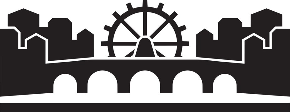 Fortress wall silhouette with central water wheel above arched viaduct structure