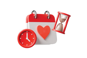 3d calendar heart icon. deadline concept. minimal cartoon clock hourglass reminder for event planning. isolated on white transparent background. 3d render.