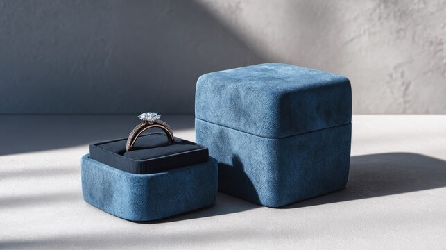 Luxury diamond ring rests on its open velvet presentation case beside a closed matching box.
