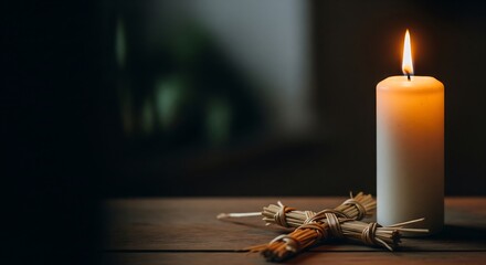 Lit white candle and woven straw Brigid cross on rustic wood surface