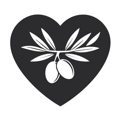 Olive Branch and Olives Icon Inside Heart Symbolizing Love for Mediterranean Cuisine