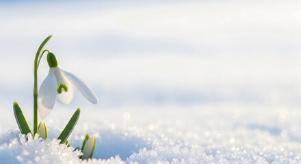 Single white snowdrop flower emerging through melting snow in soft morning light