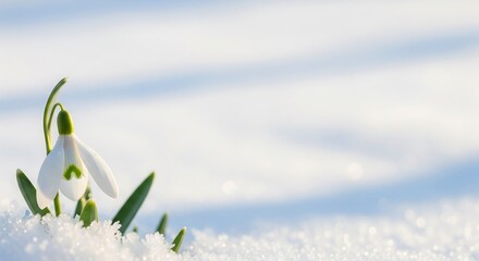 Single white snowdrop flower emerging through melting snow in soft morning light