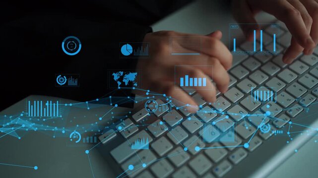 A close-up view of hands typing on a keyboard surrounded by digital analytics graphics showcasing data analysis, trends, and technology in a modern workspace. Xenic