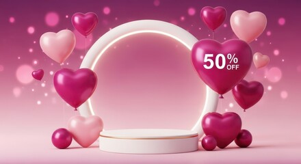 Valentines day sale promotion with heartshaped balloons and a podium, offering a 50 discount on a pink and purple background