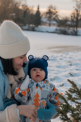 Mother and Baby in Winter Wonderland copy space