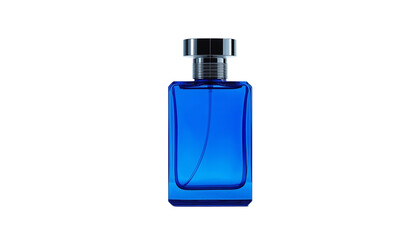 A sleek blue perfume bottle with a silver cap on transparent background