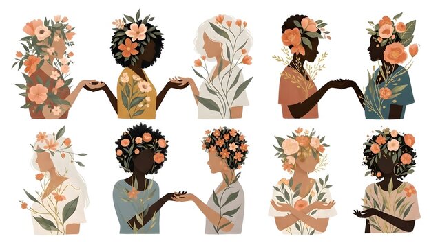 A harmonious collection of diverse women illustrations, elegantly intertwined with blooming flowers, symbolizing natural beauty, inner strength, and the nurturing spirit of self-care and growth