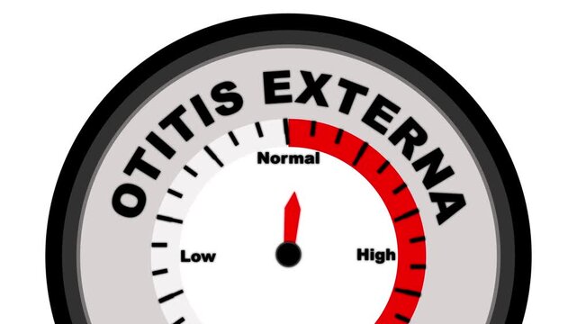 Otitis Externa text or word shown with a barometer or tachometer-style gauge, representing varying levels of ear infection severity, particularly affecting the outer ear canal