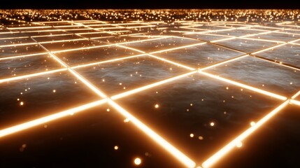 Bright Glowing Grid with Sparkling Particles Over a Dark Background Ideal for Technology, Abstract Designs, or Futuristic Concepts