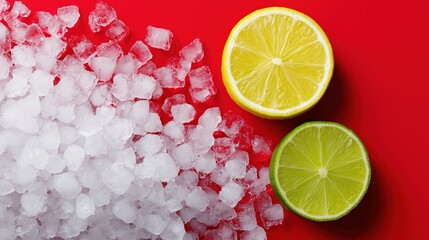 Lemon and lime on red surface with ice cubes