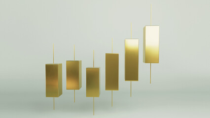 Golden candlestick chart on a white background. Professional financial visualization of a bullish market trend, representing stock trading success, investment growth, wealth management. Creative gold