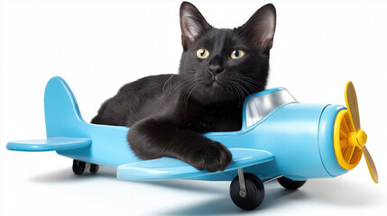 Black cat relaxing in blue toy plane with yellow propeller