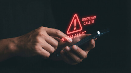 Spam Alert and Unknown Caller Warning Concept with Smartphone and Red Holographic Danger Sign