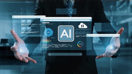 A businessman in a suit is presenting a futuristic digital interface showcasing artificial intelligence metrics and analytics, symbolizing technology innovation and business intelligence. Qubit - Powered by Adobe