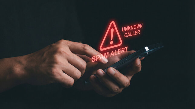 Spam Alert and Unknown Caller Warning Concept with Smartphone and Red Holographic Danger Sign - Powered by Adobe