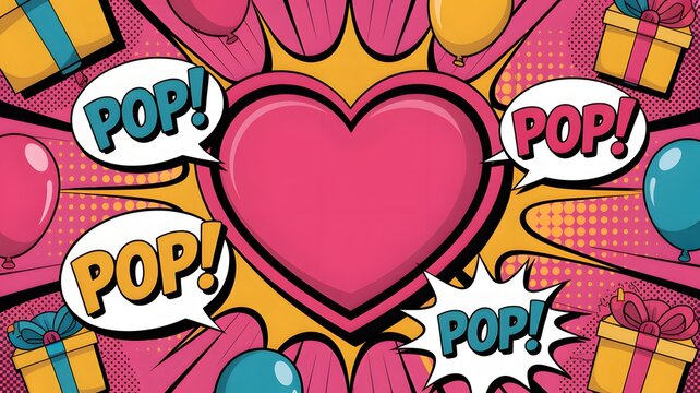 Vibrant Pop Art Comic Style Background with Pink Heart and Speech Bubbles - Powered by Adobe