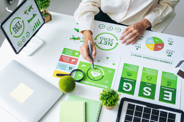 Business person examines environmental social governance ESG data net zero strategy carbon...