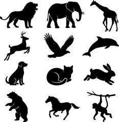 Fototapeta premium Collection of twelve distinct black animal silhouettes representing diverse wildlife, domestic pets, and jungle creatures in vector art style.