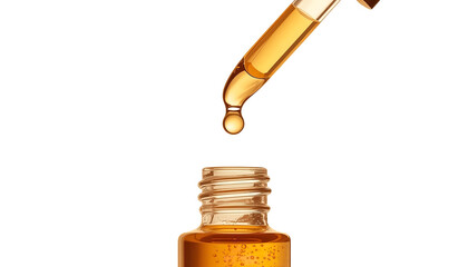 A dropper dropping a golden liquid into a small glass bottle on transparent background