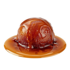 A scoop of caramel ice cream on a plate with a rich caramel sauce on transparent background