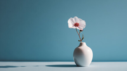 Minimalist flower white vase single bloom blue background soft shadow modern decor simple still life pastel color elegant design interior decoration Minimalist flower small white vase with single
