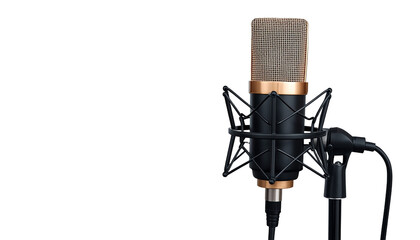A professional microphone on a stand against a black background on transparent background