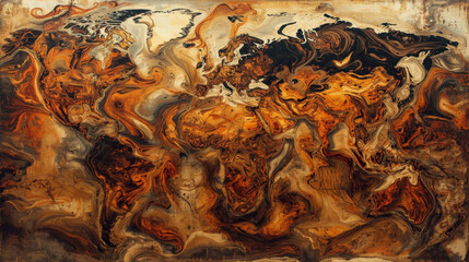 Abstract world map swirling earth pattern brown orange texture fluid art painting global continent outline marbled background earth tone color artistic geography contemporary wall art