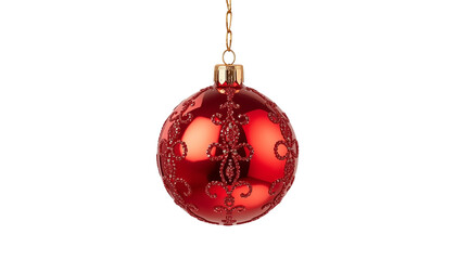 A red Christmas ornament hanging from a gold chain on a black background on transparent background