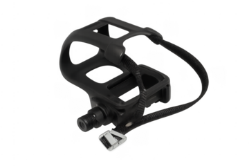 Black bike pedal with toe clip and strap