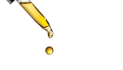 A pipette dropping a yellow liquid on a transparent background