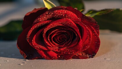 Close-up of Vibrant Red Rose with Shimmering Water Droplets